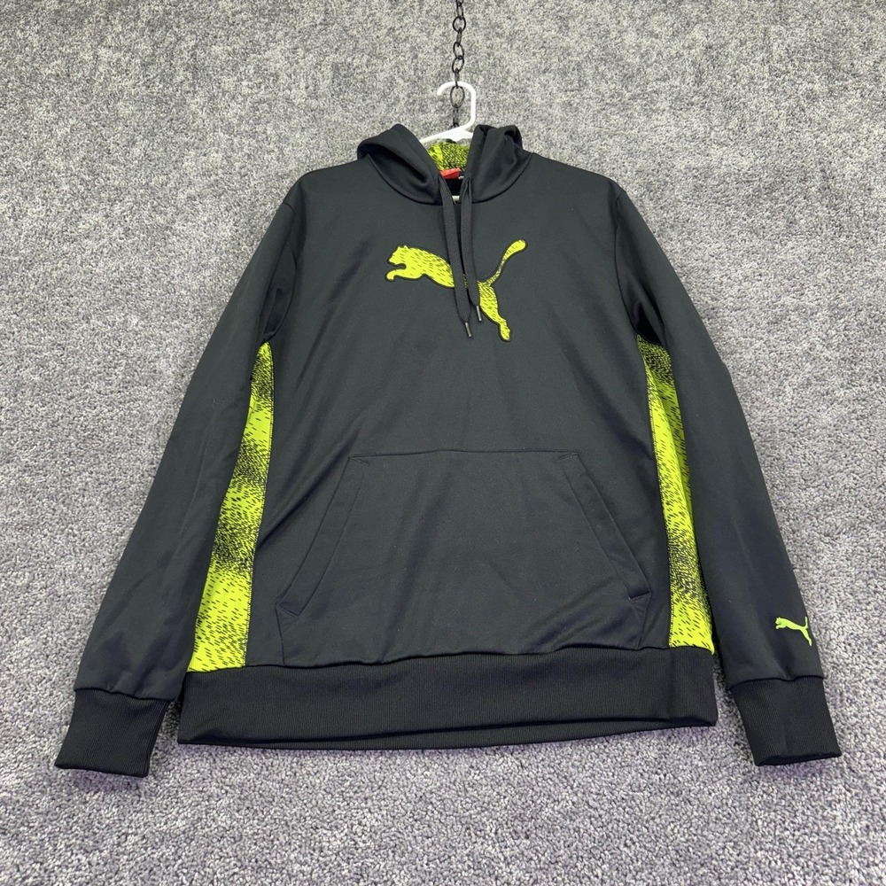 Puma Hoodie Mens XL Black Fleece Pullover Neon Graphic Logo Kangaroo Pocket